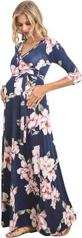 HELLO MIZ Women's Faux Wrap Maxi Maternity Dress with Belt - Made in USA in Kuwait
