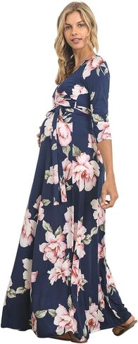 HELLO MIZ Women's Faux Wrap Maxi Maternity Dress with Belt - Made in USA in Kuwait