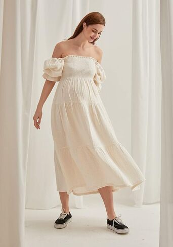 NOTHING FITS BUT Women’s Classic Nursing Kiko Dress, Modal Muslin Maternity Gown for Baby Shower, Photoshoot in Saudi Arabia