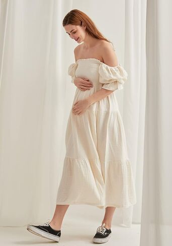 NOTHING FITS BUT Women’s Classic Nursing Kiko Dress, Modal Muslin Maternity Gown for Baby Shower, Photoshoot in Saudi Arabia