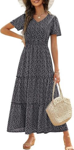 Zattcas Womens 2026 Long Summer Dress Short Flutter Sleeve V Neck Casual Smocked Tiered Modest Floral Boho Maxi Dress in Kuwait