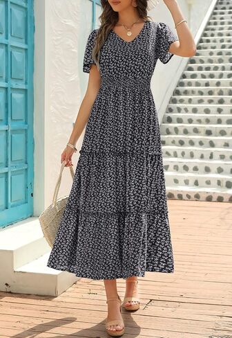 Zattcas Womens 2026 Long Summer Dress Short Flutter Sleeve V Neck Casual Smocked Tiered Modest Floral Boho Maxi Dress in Kuwait