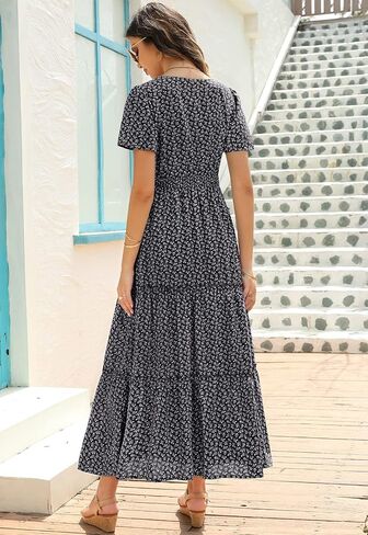 Zattcas Womens 2026 Long Summer Dress Short Flutter Sleeve V Neck Casual Smocked Tiered Modest Floral Boho Maxi Dress in Kuwait