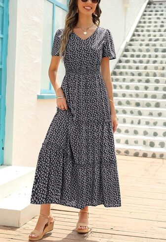 Zattcas Womens 2026 Long Summer Dress Short Flutter Sleeve V Neck Casual Smocked Tiered Modest Floral Boho Maxi Dress in Kuwait