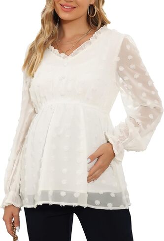 Maacie الأمومة النقاط السويسرية قمم طويلة الأكمام الخامس الرقبة مثير الدانتيل بوم بوم بلوزة شيفون in Kuwait