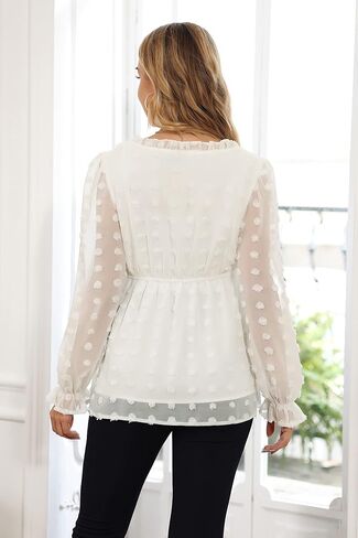 Maacie الأمومة النقاط السويسرية قمم طويلة الأكمام الخامس الرقبة مثير الدانتيل بوم بوم بلوزة شيفون in Kuwait