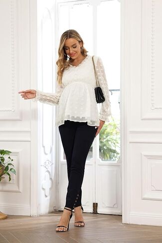 Maacie الأمومة النقاط السويسرية قمم طويلة الأكمام الخامس الرقبة مثير الدانتيل بوم بوم بلوزة شيفون in Kuwait