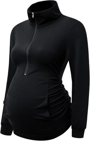 DEBELLY Maternity Shirt with Pocket Women's Lapel Top Casual Pregnancy Long Sleeve Zipper Sweatshirt in Saudi Arabia