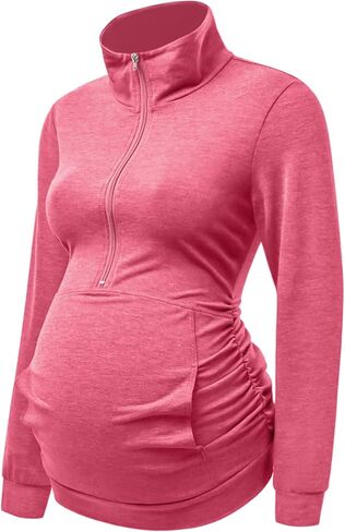 DEBELLY Maternity Shirt with Pocket Women's Lapel Top Casual Pregnancy Long Sleeve Zipper Sweatshirt in Saudi Arabia