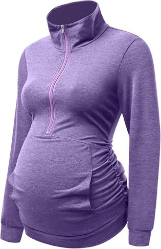 DEBELLY Maternity Shirt with Pocket Women's Lapel Top Casual Pregnancy Long Sleeve Zipper Sweatshirt in Saudi Arabia