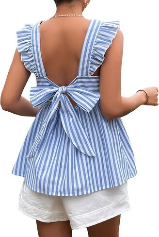 Floerns Women's Striped Print Boat Neck Tie Back Sleeveless Maternity Peplum Blouse Tops in Saudi Arabia
