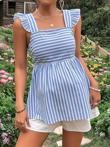 Floerns Women's Striped Print Boat Neck Tie Back Sleeveless Maternity Peplum Blouse Tops in Saudi Arabia