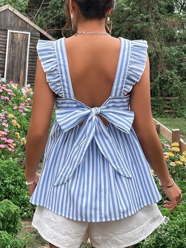Floerns Women's Striped Print Boat Neck Tie Back Sleeveless Maternity Peplum Blouse Tops in Saudi Arabia