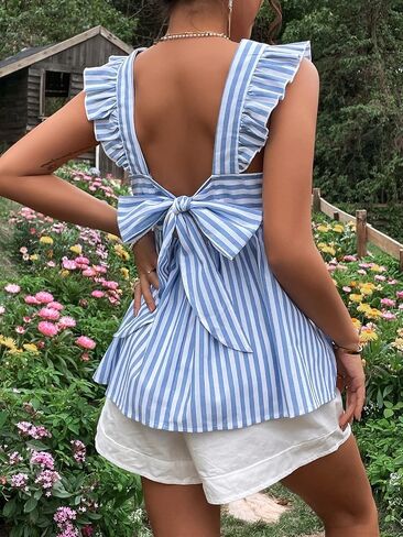 Floerns Women's Striped Print Boat Neck Tie Back Sleeveless Maternity Peplum Blouse Tops in Saudi Arabia