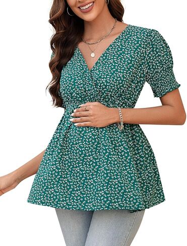 FUNJULY Maternity Shirts Women's Wrap V Neck Floral Printed Tops Casual Short Sleeve Ruffle Hem Nursing Tunic Blouse in Saudi Arabia