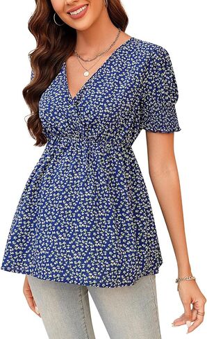FUNJULY Maternity Shirts Women's Wrap V Neck Floral Printed Tops Casual Short Sleeve Ruffle Hem Nursing Tunic Blouse in Saudi Arabia