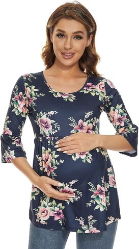 Ecavus Womens Casual Maternity Tops Striped Peplum 3/4 Ruffle Sleeve Shirt Ultra Soft Pregnancy Clothing in Saudi Arabia