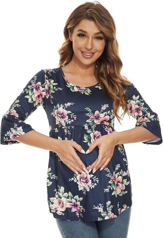Ecavus Womens Casual Maternity Tops Striped Peplum 3/4 Ruffle Sleeve Shirt Ultra Soft Pregnancy Clothing in Saudi Arabia