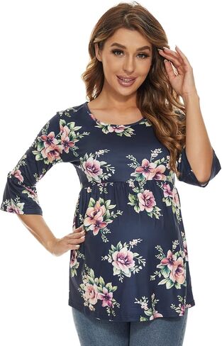 Ecavus Womens Casual Maternity Tops Striped Peplum 3/4 Ruffle Sleeve Shirt Ultra Soft Pregnancy Clothing in Saudi Arabia