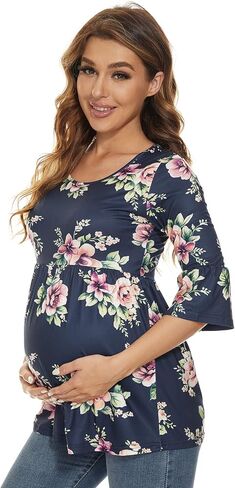 Ecavus Womens Casual Maternity Tops Striped Peplum 3/4 Ruffle Sleeve Shirt Ultra Soft Pregnancy Clothing in Saudi Arabia