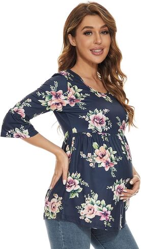 Ecavus Womens Casual Maternity Tops Striped Peplum 3/4 Ruffle Sleeve Shirt Ultra Soft Pregnancy Clothing in Saudi Arabia