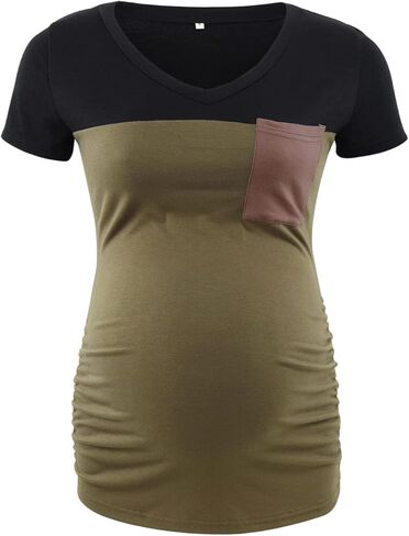 Ecavus Women's Casual Maternity Tops Short & Long Sleeve V Neck Colorblock Pregnancy T-Shirt with Pocket in Kuwait