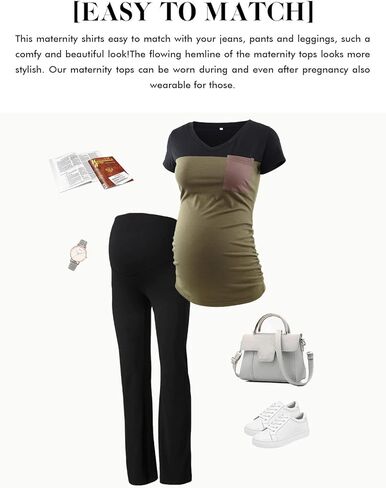 Ecavus Women's Casual Maternity Tops Short & Long Sleeve V Neck Colorblock Pregnancy T-Shirt with Pocket in Kuwait