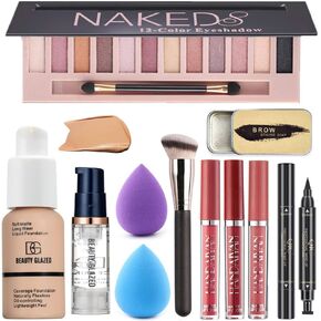 All in One Makeup Kit For Girls 12 Colors Naked Matte Shimme Eyeshadow Palette, Buff Beige Foundation Face Primer, Makeup Brush, Makeup Sponge, Eyebrow Soap, Lipstick Set, Winged Eyeliner Stamp (SetB)