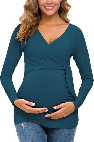 Glampunch Maternity Shirts Short & Long Sleeve Wrap Maternity Tops | flattering wrap design,soft stretch fabric,adjustable tie waist,pregnancy to postpartum,work & casual style in Saudi Arabia