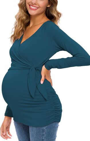 Glampunch Maternity Shirts Short & Long Sleeve Wrap Maternity Tops | flattering wrap design,soft stretch fabric,adjustable tie waist,pregnancy to postpartum,work & casual style in Saudi Arabia