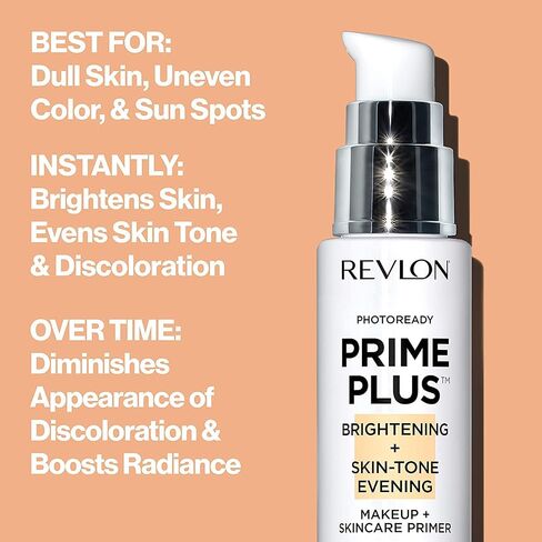 Face Primer by Revlon, PhotoReady Prime Plus Face Makeup for All Skin Types, Blurs & Fills in Fine Lines, Infused with Vitamin C and Lactic Acid, Brightening & Skin Tone Evening, 1 Oz in Saudi Arabia