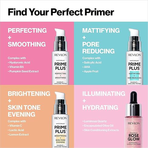 Face Primer by Revlon, PhotoReady Prime Plus Face Makeup for All Skin Types, Blurs & Fills in Fine Lines, Infused with Vitamin C and Lactic Acid, Brightening & Skin Tone Evening, 1 Oz in Saudi Arabia