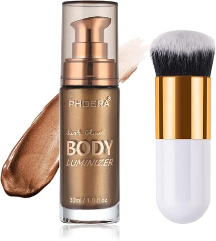 Body Shimmer Oil, Waterproof Long Lasting Moisturizing Bronze Body Luminizer Glow For Face & Body, Liquid Illuminator Body Highlighter 1oz/Jars, Makeup Brush Include (Diamond Platinum #05) in Kuwait