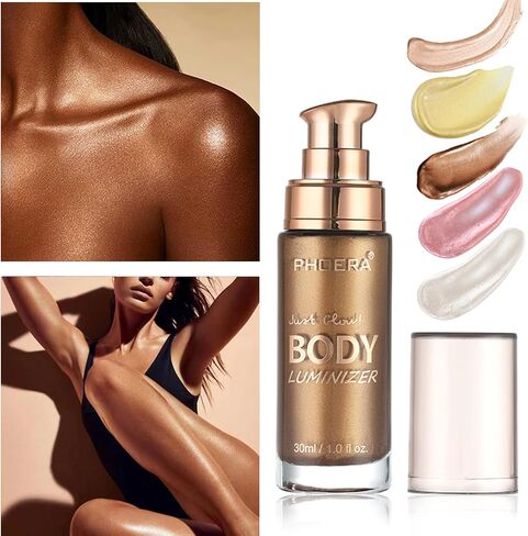 Body Shimmer Oil, Waterproof Long Lasting Moisturizing Bronze Body Luminizer Glow For Face & Body, Liquid Illuminator Body Highlighter 1oz/Jars, Makeup Brush Include (Diamond Platinum #05) in Kuwait