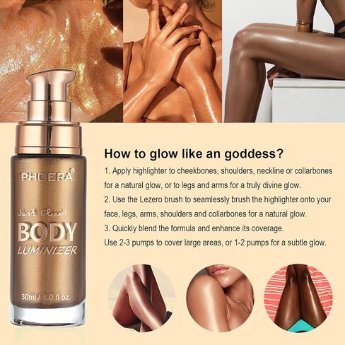 Body Shimmer Oil, Waterproof Long Lasting Moisturizing Bronze Body Luminizer Glow For Face & Body, Liquid Illuminator Body Highlighter 1oz/Jars, Makeup Brush Include (Diamond Platinum #05) in Kuwait