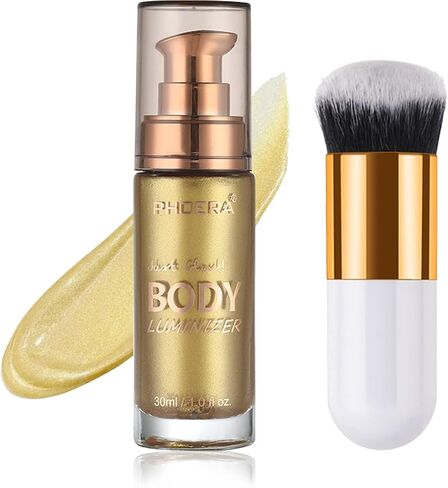Body Shimmer Oil, Waterproof Long Lasting Moisturizing Bronze Body Luminizer Glow For Face & Body, Liquid Illuminator Body Highlighter 1oz/Jars, Makeup Brush Include (Diamond Platinum #05) in Kuwait