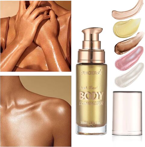 Body Shimmer Oil, Waterproof Long Lasting Moisturizing Bronze Body Luminizer Glow For Face & Body, Liquid Illuminator Body Highlighter 1oz/Jars, Makeup Brush Include (Diamond Platinum #05) in Kuwait