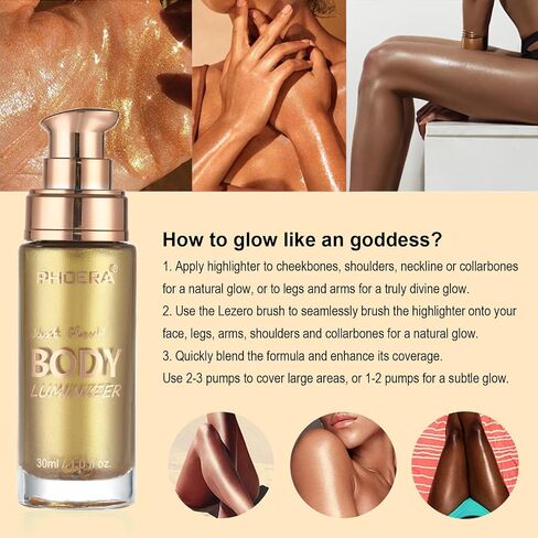 Body Shimmer Oil, Waterproof Long Lasting Moisturizing Bronze Body Luminizer Glow For Face & Body, Liquid Illuminator Body Highlighter 1oz/Jars, Makeup Brush Include (Diamond Platinum #05) in Kuwait