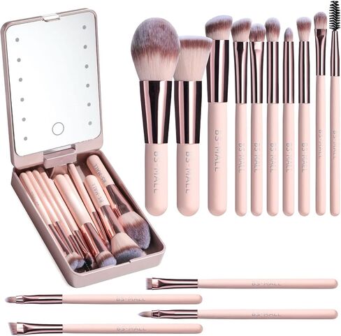 BS-MALL Travel Makeup Brush Set Foundation Powder Concealers Eye Shadows Makeup Set with LED light Mirror 14 Pcs Mini Makeup Brushes (APINK) in Kuwait