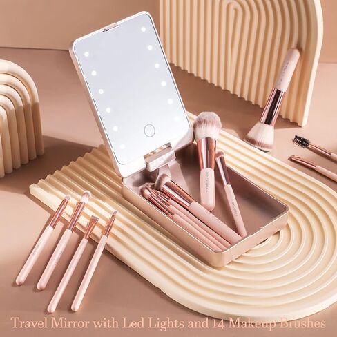 BS-MALL Travel Makeup Brush Set Foundation Powder Concealers Eye Shadows Makeup Set with LED light Mirror 14 Pcs Mini Makeup Brushes (APINK) in Kuwait