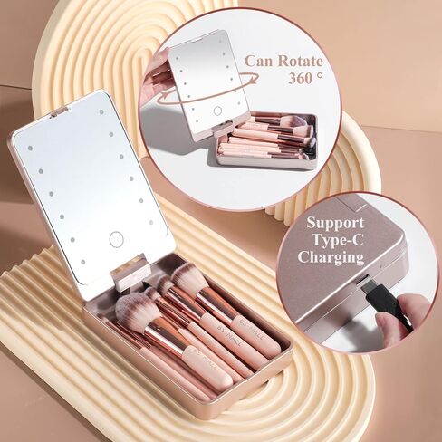 BS-MALL Travel Makeup Brush Set Foundation Powder Concealers Eye Shadows Makeup Set with LED light Mirror 14 Pcs Mini Makeup Brushes (APINK) in Kuwait
