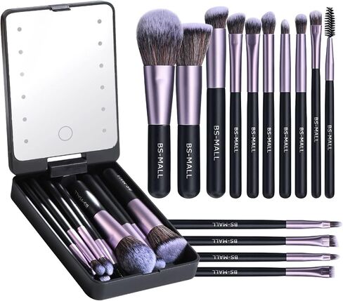 BS-MALL Travel Makeup Brush Set Foundation Powder Concealers Eye Shadows Makeup Set with LED light Mirror 14 Pcs Mini Makeup Brushes (APINK) in Saudi Arabia