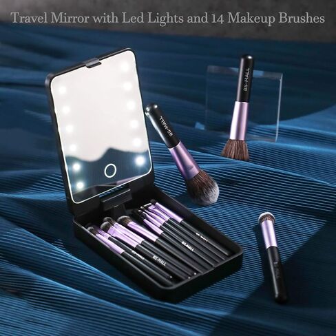 BS-MALL Travel Makeup Brush Set Foundation Powder Concealers Eye Shadows Makeup Set with LED light Mirror 14 Pcs Mini Makeup Brushes (APINK) in Saudi Arabia