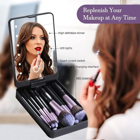 BS-MALL Travel Makeup Brush Set Foundation Powder Concealers Eye Shadows Makeup Set with LED light Mirror 14 Pcs Mini Makeup Brushes (APINK) in Saudi Arabia