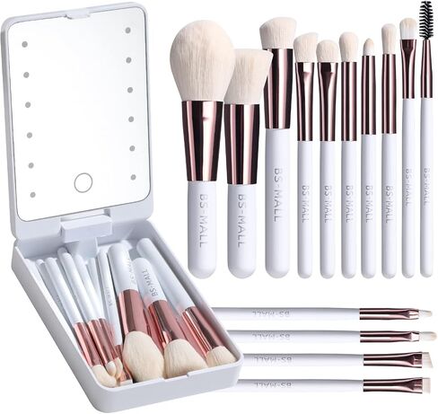BS-MALL Travel Makeup Brush Set Foundation Powder Concealers Eye Shadows Makeup Set with LED light Mirror 14 Pcs Mini Makeup Brushes (APINK) in Saudi Arabia