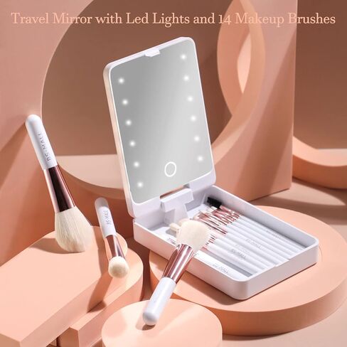 BS-MALL Travel Makeup Brush Set Foundation Powder Concealers Eye Shadows Makeup Set with LED light Mirror 14 Pcs Mini Makeup Brushes (APINK) in Saudi Arabia
