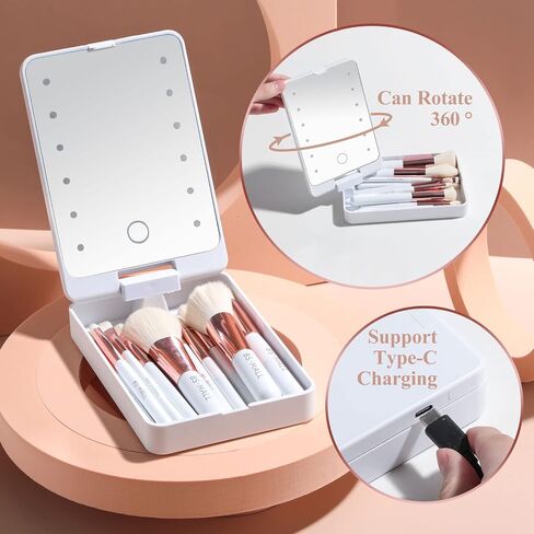 BS-MALL Travel Makeup Brush Set Foundation Powder Concealers Eye Shadows Makeup Set with LED light Mirror 14 Pcs Mini Makeup Brushes (APINK) in Saudi Arabia
