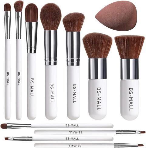 BS-MALL Makeup Brush Set 11Pcs Bamboo Synthetic Kabuki Brush Set Foundation Powder Blending Concealer Eye shadows Blush Cosmetics Brushes with Organizer Bag & Makeup Sponge in Saudi Arabia