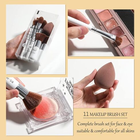 BS-MALL Makeup Brush Set 11Pcs Bamboo Synthetic Kabuki Brush Set Foundation Powder Blending Concealer Eye shadows Blush Cosmetics Brushes with Organizer Bag & Makeup Sponge in Saudi Arabia