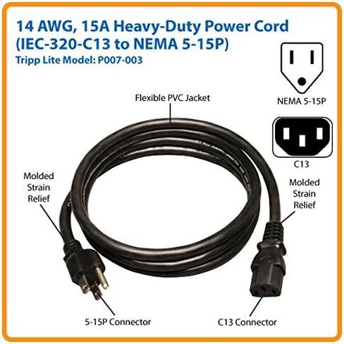 Tripp Lite Heavy-Duty Computer Power Cord 14AWG 15A (NEMA 5-15P to IEC-320-C13) 2-ft.(P007-002) in Kuwait